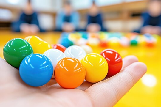 Colorful marbles used in Gongi Nori played on a traditional wooden floor with players enjoying the game in the background