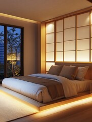 Fototapeta premium Serene Japanese Style Bedroom With Low Platform Bed