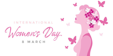 stylish and artistic representation commemorating International Women's Day, featuring a vibrant pink theme with feminine elements such as butterflies