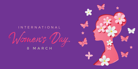 Celebrate International Women's Day with this vibrant illustration featuring a feminine silhouette adorned with flowers and butterflies