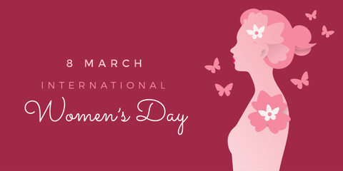 Illustration highlighting International Women's Day, featuring feminine profile with flowers and butterflies on a bold background, symbolizing grace, empowerment, and equality.