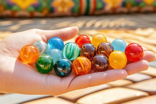 Colorful marbles used in Gongi Nori displayed in a hand with blurred players on a traditional wooden floor during a cultural game