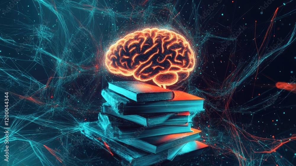 Poster illuminated brain above stack of books knowledge acquisition