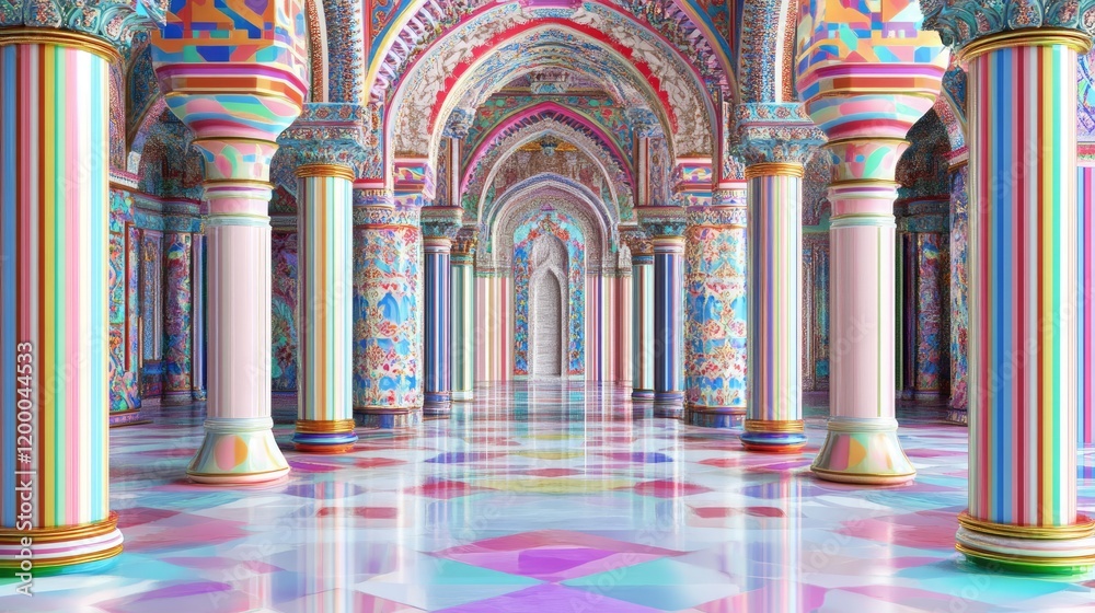 Poster colorful hallway with striped columns and archways