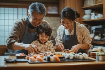 Family Sushi Making:  A heartwarming scene of a Japanese family preparing sushi together in their home kitchen, with a focus on the young child eagerly learning the art of sushi making.  