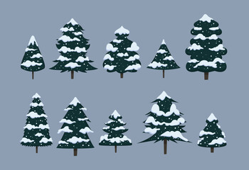 Obraz premium Simple style evergreen trees covered with snow vector illustration set. Cute hand drawn winter holiday snowy Christmas trees graphic elements. For cards, decor, or social media.