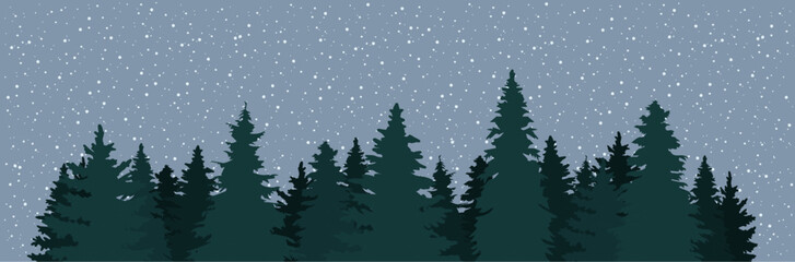 Forest evergreen trees with snow falling. Group silhouette style. Hand drawn pine spruce oak. Evergreen woods horizon. Vector illustration on white background.