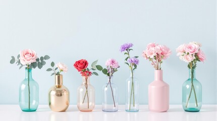 Obraz premium Minimalist Floral Arrangement: Six Glass Vases with Pastel Flowers on Light Blue Background