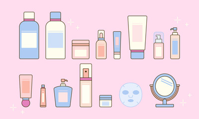 洗面台やドレッサーに置く、化粧水などのスキンケア用品のシンプルなイラスト