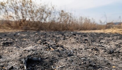 Fototapeta premium Land covered with ash after a wildfire in a dry landscape with sparse vegetation and distant burnt foliage
