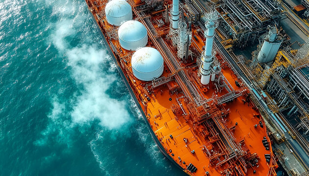 LNG tanker unloading at refinery, ocean