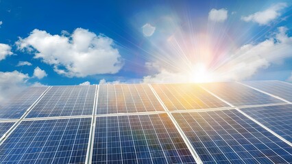 Bright sunlight reflects off the solar panels, creating a stunning contrast against the clear blue sky. This innovative energy solution highlights the harmony between technology and nature.