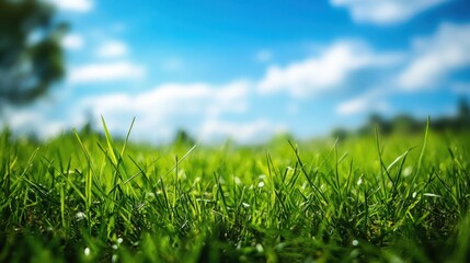 Fototapeta premium Close-up of vibrant green grass under a sunny sky.
