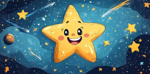 Happy Smiling Star In Outer Space Among Stars And Comets