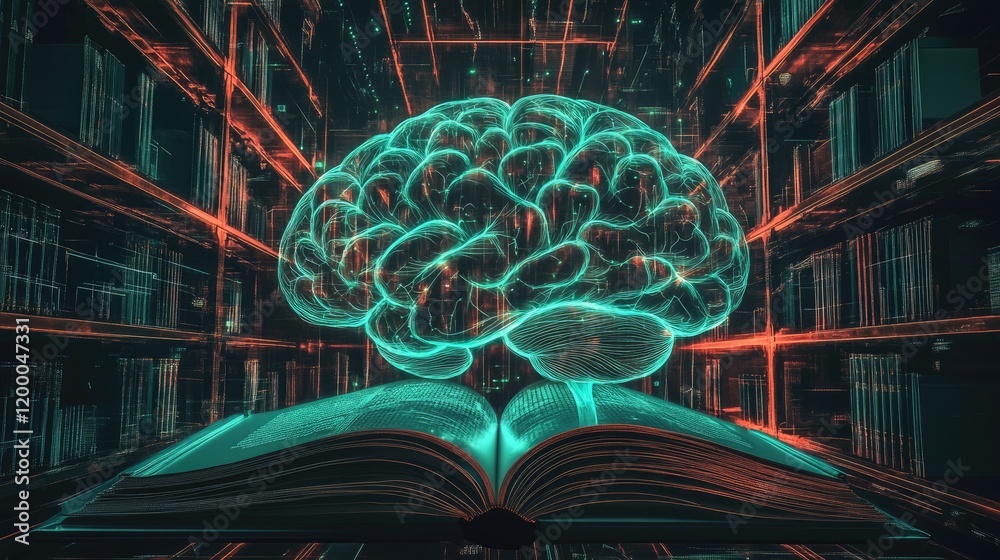 Poster Digital Brain Above Open Book in Library Setting