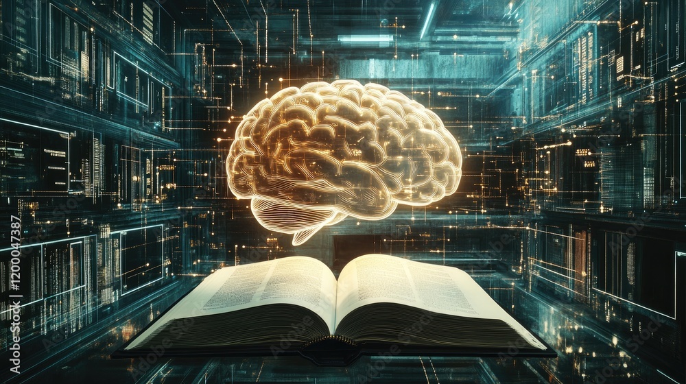 Poster Illuminated Brain Above Open Book Digital Knowledge Network