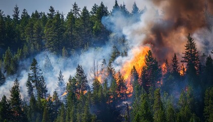 Fototapeta premium Intense wildfire consumes dense forest, creating a smoky atmosphere under the clear sky