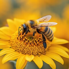 Bee covered in pollen perched on a vibrant sunflower