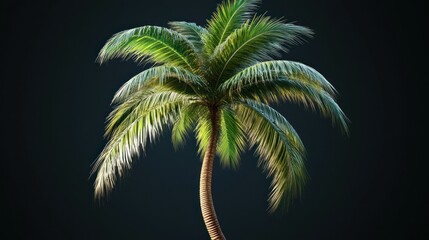Lush green coconut palm tree isolated on dark background.
