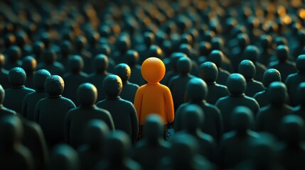 Obraz premium One Orange Figure Stands Out in a Crowd of Teal Figures