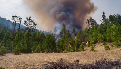 Fire consumes dense forest under smoky skies creating a dark haze