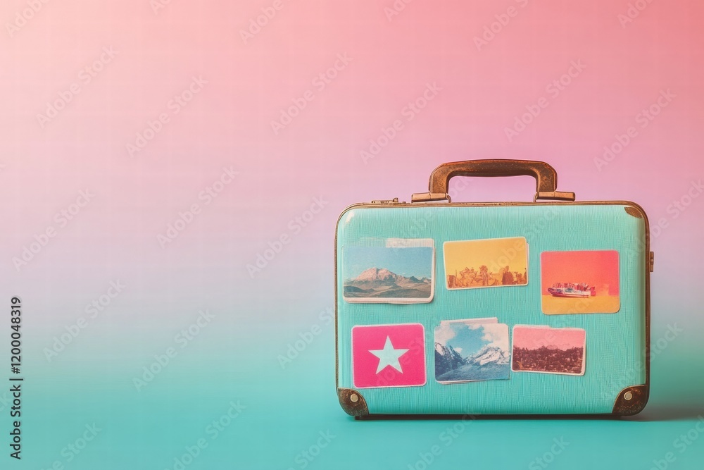 Poster retro suitcase adorned with colorful travel stickers evokes nostalgia for adventures and exploration