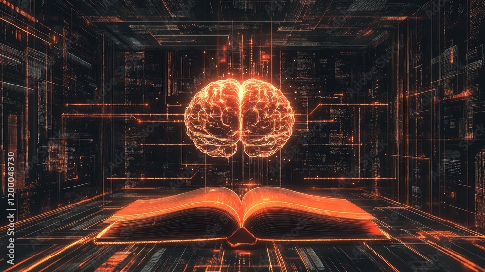 Poster Digital Brain Illuminated Above Open Book In Cyber Space