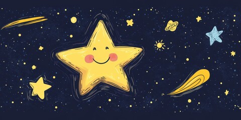 Happy Smiling Star In Outer Space With Comets