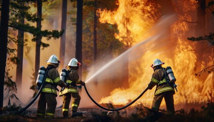 Naklejka premium Firefighters battle intense wildfire flames using hoses against a backdrop of charred trees