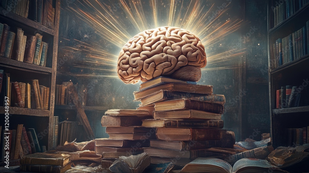 Poster illuminated brain atop stack of ancient books