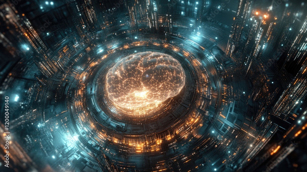 Poster Illuminated Neural Network Brain Within Futuristic Core