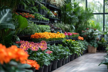 Fototapeta premium Colorful flower display in greenhouse 