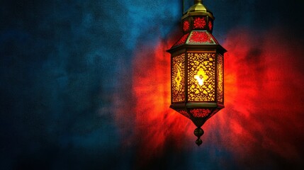 Illuminated Moroccan Lantern Against Dark Wall