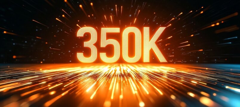 Glowing Digital 3D Number 350K in Futuristic Style with Shooting Stars on Abstract Background - Powered by Adobe