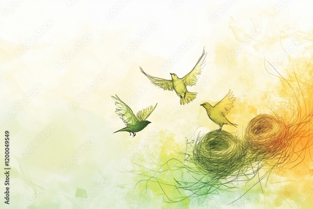 Poster three yellow birds flying above two nests in a soft, multicolored background during a serene morning
