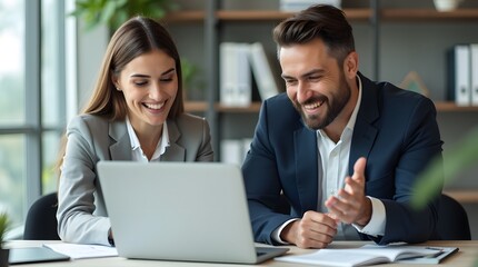 Modern Office Scene: Business Team Analyzing Data on Laptop