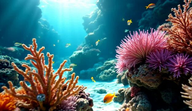Vibrant coral reef underwater scene, sunlight beams, diverse fish, ocean floor backdrop; ideal for marine conservation