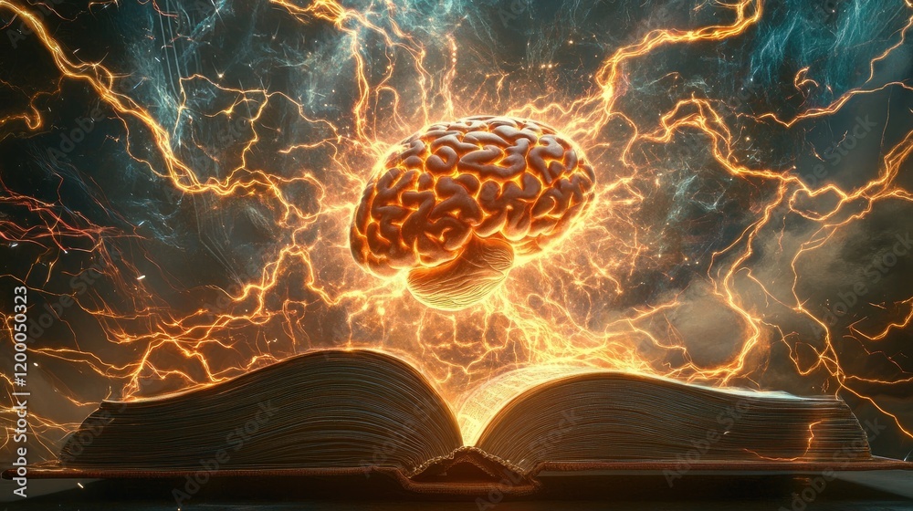 Poster Illuminated Brain Above Open Book Representing Knowledge