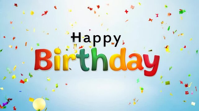 Colorful happy birthday text with multicolored letters and confetti on greeting banner.
