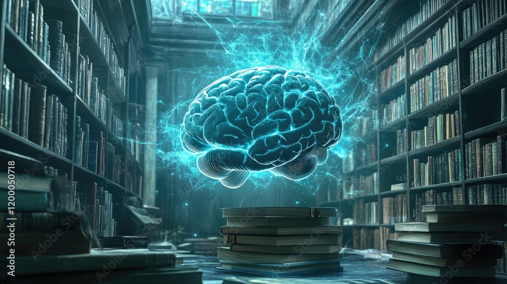 Poster glowing brain above books in an ancient library