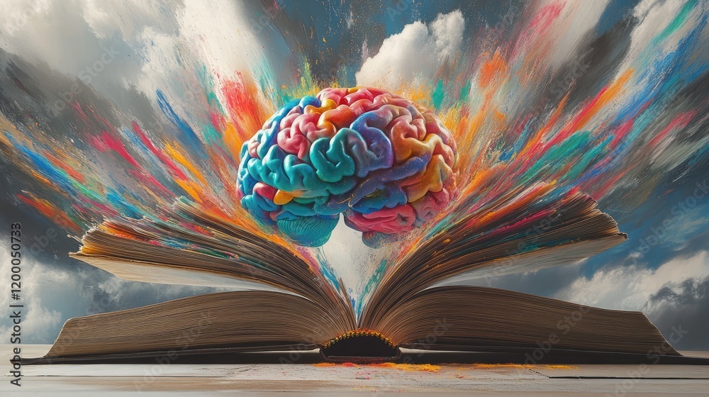 Aufkleber colorful brain emerging from open book against sky