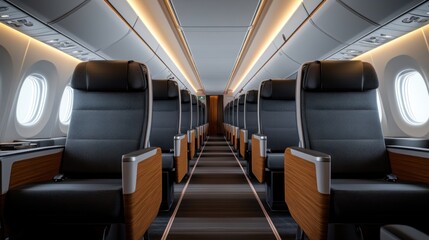 Interior view of modern airplane cabin showcasing comfortable seating and spacious aisle in a well-lit environment