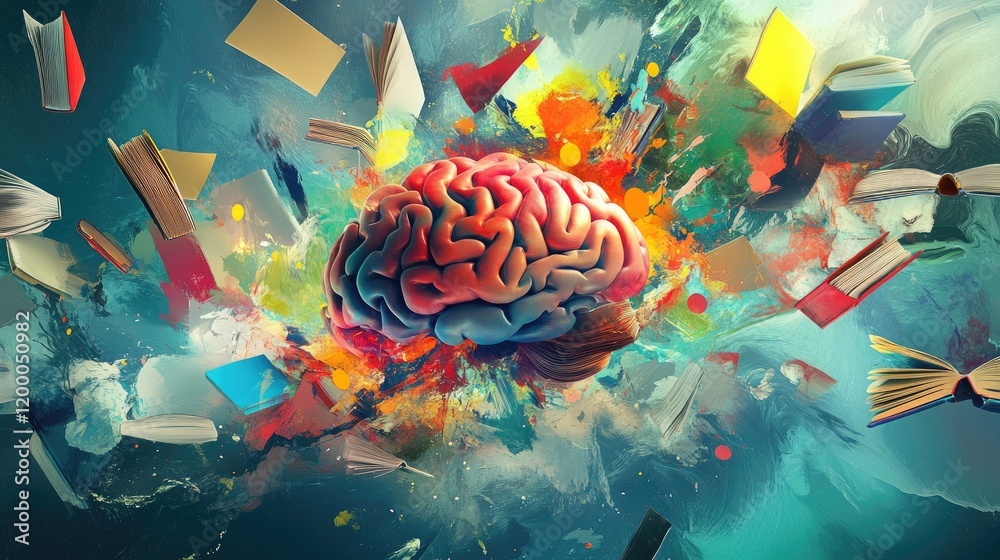 Poster A Colorful Brain Exploding With Books and Knowledge