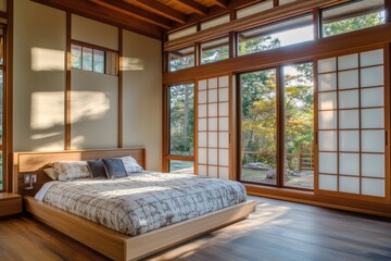 Modern minimalist bedroom with large windows and shoji screens