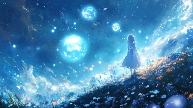 Anime girl gazes at a magical night sky