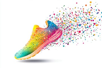 Colorful running shoes with colorful dots flying out of them, illustration on a white background Generative AI