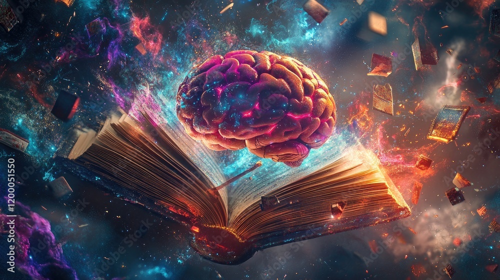 Poster a luminous brain emerges from an open ancient book