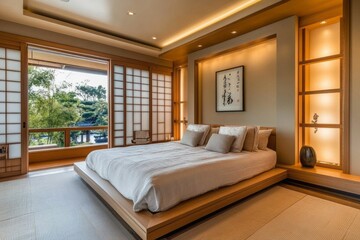 Serene Japanese style bedroom with garden view