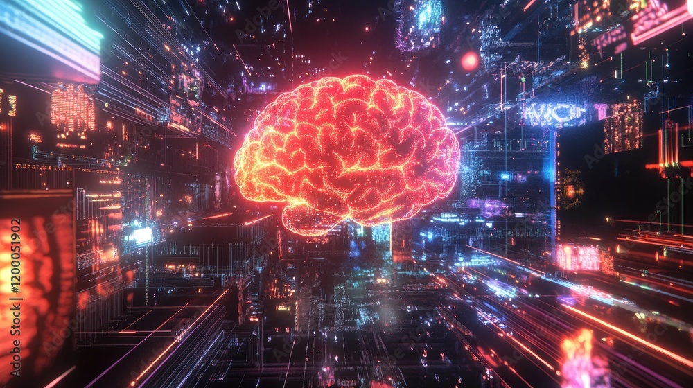 Poster digital brain illuminated within a futuristic cityscape