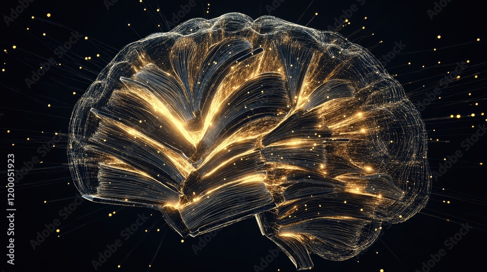 Poster Golden Abstract Brain Neural Network Visualization